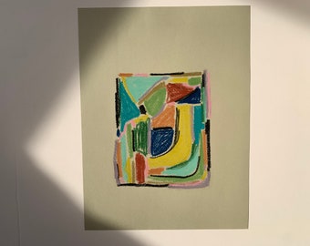 Originele oliepastel abstracte tekening, uniek kunstwerk, 9 "x 12"