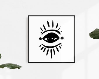 Evil Eye Art Printable, Square, Digital Download, Hand drawn, Black Ink Painting, Black and White Illustration