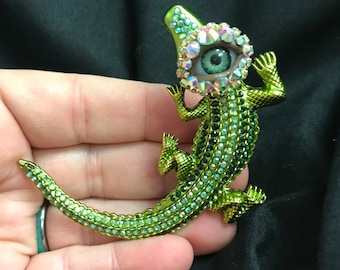 Striking Little Bejeweled Crocodile Eyeball Art Brooch with a Natural Green Eye and Hand Placed Rhinestones! Surreal Mixed Media Eye Jewelry