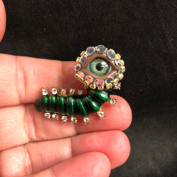 Hungry Little Caterpillar Adorable Enameled Eyeball Art Brooch with a Natural Green Eye and Hand Placed Rhinestones! Eye Jewelry!