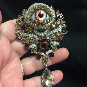 Golden and Amber Tones Vintage Ornate Style Eyeball Art Brooch with a Handmade Amber Glass Iris and Hand Placed Rhinestones!
