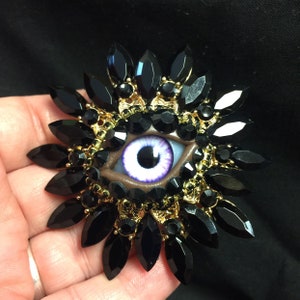 Jet Black Vintage Sunburst Style Eyeball Art Brooch with a Handmade Violet Glass Iris and Hand Placed Rhinestones!