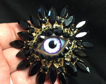 Jet Black Vintage Sunburst Style Eyeball Art Brooch with a Handmade Violet Glass Iris and Hand Placed Rhinestones!