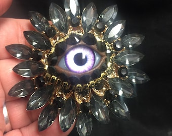 Dark Gray and Black Vintage Sunburst Style Eyeball Art Brooch with a Handmade Violet Glass Iris and Hand Placed Rhinestones!