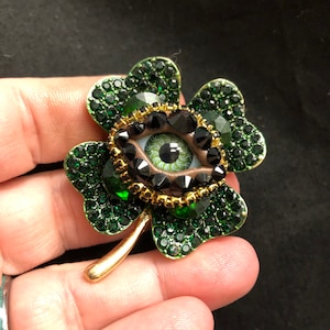 Lucky Green Four Leaf Clover Eyeball Art Brooch with a Natural Green Eye and Hand Placed Rhinestones! Shamrock!