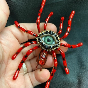 Giant Hand Painted and Bejeweled Spider Eyeball Art Brooch with a Natural Green Eye and Hand Placed Rhinestones! Surreal Eye Jewelry Pin!