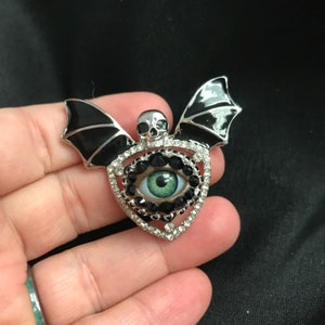 Gothic Skull with Batwings Eyeball Art Brooch - Eye Jewelry Pin - Goth Fashion! Unique!