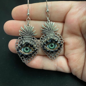 Vintage Style Silver Tone Sacred Heart Eyeball Earrings, Rhinestone Eye Jewelry