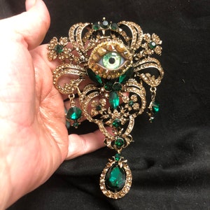 Huge Epic Golden Topaz and Emerald Green Crystal Eyeball Art Brooch (or Pendant with Loop) with a Handmade Green Glass Iris!