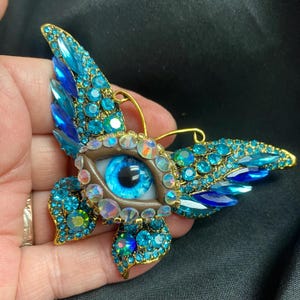 Breathtaking Blues Butterfly Eyeball Art Brooch with a Handmade Aqua Glass Iris and Hand Placed Rhinestones! Surreal Eye Jewelry Pin!