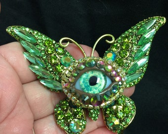 Stunning Green Bejeweled Butterfly Eyeball Art Brooch with a Handmade Green Glass Iris and Hand Placed Rhinestones!