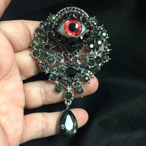 Gothic Black and Gray Crystal Vintage Ornate Style Eyeball Art Brooch with a Handmade Blood Red Glass Iris and Hand Placed Rhinestones!