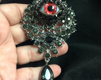 Gothic Black and Gray Crystal Vintage Ornate Style Eyeball Art Brooch with a Handmade Blood Red Glass Iris and Hand Placed Rhinestones!
