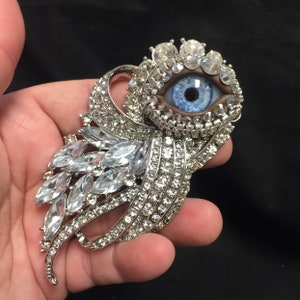 Special Limited Asymmetrical Crystal Vintage Ornate Style Eyeball Art Brooch with a Handmade Blue Glass Iris and Hand Placed Rhinestones!