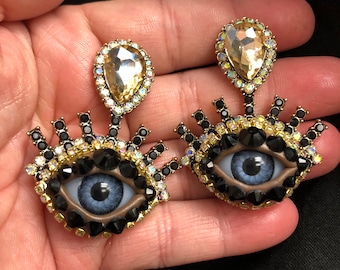 Bejeweled Eyeball Art-oorbellen, oogsieraden met strassteentjes