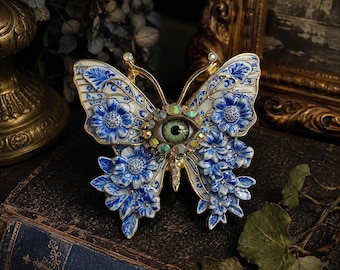 Blue China Butterfly Brooch | Porcelain Look Floral Eye Pin | Blue Willow Inspired Statement Jewelry