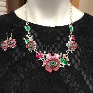 Adorable Spring/Summer Multi Eyeball Art Necklace, Enameled and Bejeweled with Natural Green Eyes and Hand Placed Rhinestones!