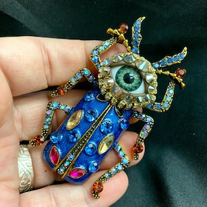 Huge Ornate Statement Bejeweled Blue Beetle Eyeball Art Brooch with a Natural Green Eye and Hand Placed Rhinestones! Surreal Eye Jewelry Pin