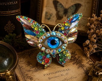 Surreal Evil Eye Butterfly Brooch | Aqua Blue Glass Iris Pin
