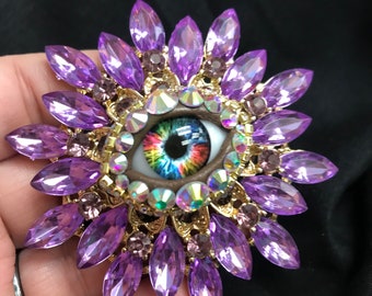 Pastel Purple Vintage Sunburst Style Eyeball Art Brooch with a Handmade RAINBOW Glass Iris and Hand Placed Rhinestones!