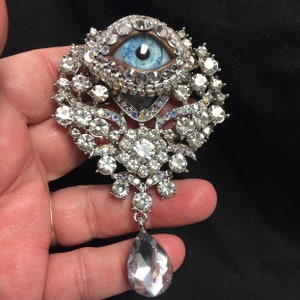 Crystal and Iridescent Vintage Ornate Style Eyeball Art Brooch with a Handmade Blue Glass Iris and Hand Placed Rhinestones!