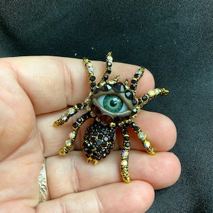 Deep Purple Vintage Style Bejeweled Spider Eyeball Art Brooch with a Natural Green Eye and Hand Placed Rhinestones! New Eye Jewelry Pin!
