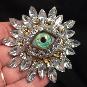 Crystal Vintage Sunburst Style Eyeball Art Brooch with a Handmade Green Glass Iris and Hand Placed Rhinestones!