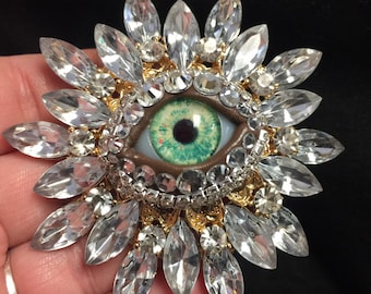 Crystal Vintage Sunburst Style Eyeball Art Brooch with a Handmade Green Glass Iris and Hand Placed Rhinestones!