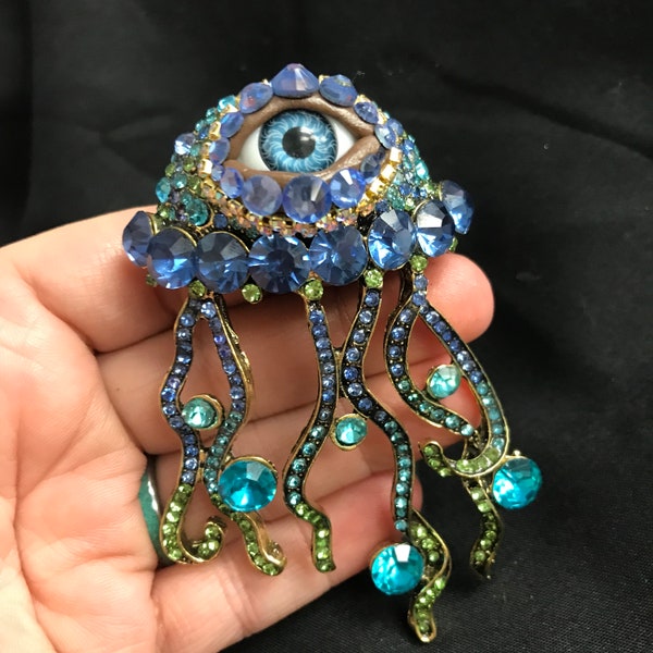 Unusual and Whimsical Bejeweled Jellyfish Eyeball Art Brooch with a Natural Green Eye and Hand Placed Rhinestones! Only One!