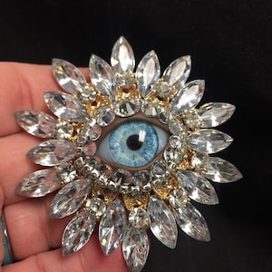 Crystal Vintage Sunburst Style Eyeball Art Brooch with a Handmade Blue Glass Iris and Hand Placed Rhinestones!