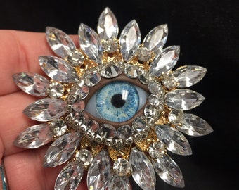 Crystal Vintage Sunburst Style Eyeball Art Brooch with a Handmade Blue Glass Iris and Hand Placed Rhinestones!