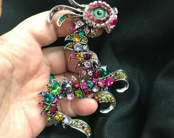 Huge Fabulous Bejeweled DRAGON Eyeball Art Brooch with a Natural Green Eye and Hand Placed Rhinestones!