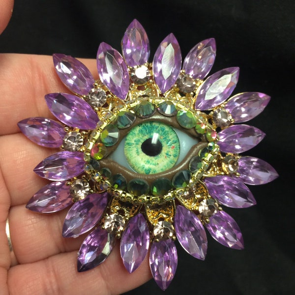 Pastel Purple Vintage Sunburst Style Eyeball Art Brooch with a Handmade Green Glass Iris and Hand Placed Rhinestones!