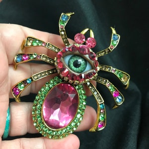 Funky Fabulous Bejeweled Spider Eyeball Art Brooch with a Natural Green Eye and Hand Placed Rhinestones!