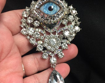 Crystal and Iridescent Vintage Ornate Style Eyeball Art Brooch with a Handmade Blue Glass Iris and Hand Placed Rhinestones!