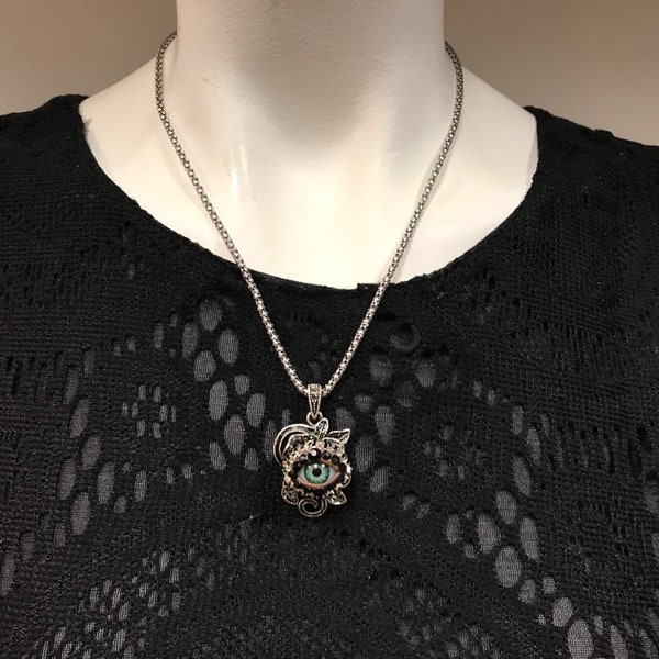 Antiqued Silver Tone Vintage Style ROSE Eyeball Art Necklace with a Natural Green Eye and Hand Placed Rhinestones!