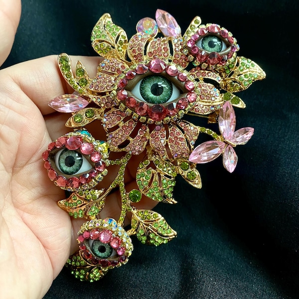 Broche floral com strass em formato de olho - Joia marcante e impactante