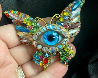 Stunning Bejeweled Butterfly Eyeball Art Brooch with a Handmade Bright Aqua Glass Iris and Hand Placed Rhinestones!