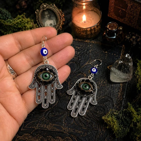 Hamsa Hand Silver Tone Earrings, Green Eye & Rhinestone Boho Jewelry