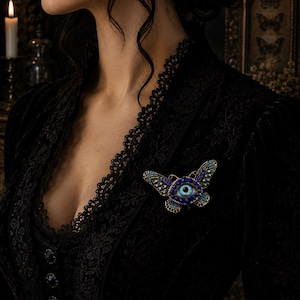 Surreal Evil Eye Butterfly Brooch | Blue Glass Eye Pin image 2