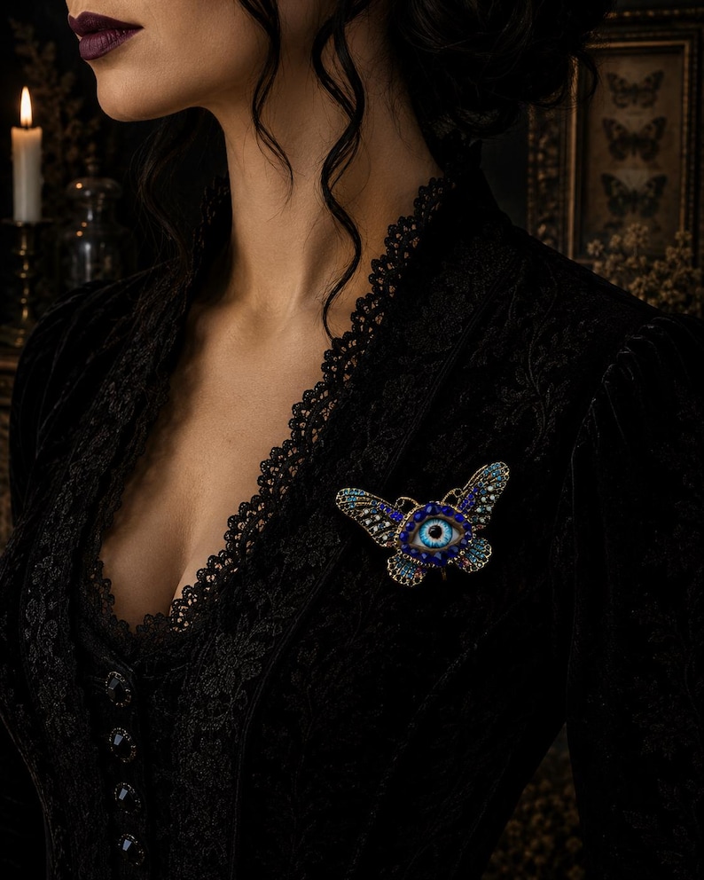 Surreal Evil Eye Butterfly Brooch | Blue Glass Eye Pin image 2