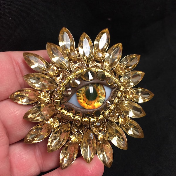 Golden Vintage Sunburst Style Eyeball Art Brooch with a Handmade Amber Glass Iris and Hand Placed Rhinestones!