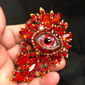Vampire Eye! Brand New Asymmetric Blood Red Eyeball Art Brooch with a Handmade Red Glass Iris and Hand Placed Rhinestones!