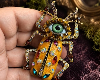 Giant Enameled Beetle Brooch, Rhinestone Eyeball Art Pin (3”x2”
