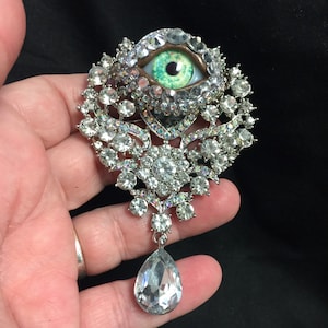 Crystal and Iridescent Vintage Ornate Style Eyeball Art Brooch with a Handmade Green Glass Iris and Hand Placed Rhinestones!