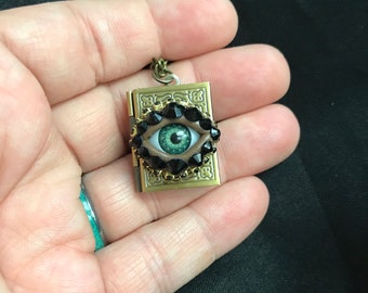 Antique Vintage Bronze Style Eyeball Art Locket Pendant Necklace with a Natural Green Eye and Hand Placed Rhinestones!