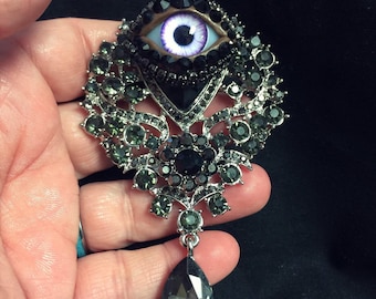 Gothic Eyeball Brooch, Vintage Ornate Rhinestone Pin