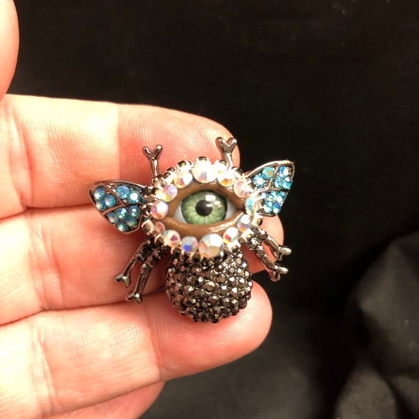 Little Baby Bee Bejeweled Eyeball Art Brooch with a Natural Green Eye and Hand Placed Rhinestones! Only One!