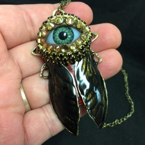 Enameled Cicada Eyeball Art Necklace with a Natural Green Eye and Hand Placed Rhinestones!