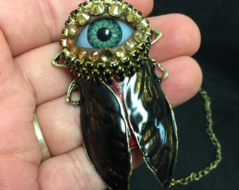 Enameled Cicada Eyeball Art Necklace with a Natural Green Eye and Hand Placed Rhinestones!